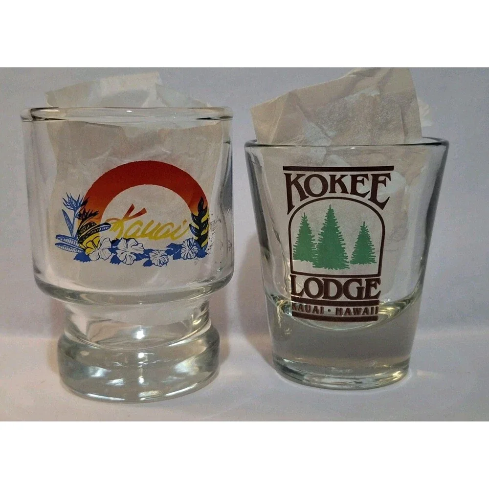 2 Vintage 1990's KAUAI Shot Glasses Mountains on Island & Kokee Lodge Hawaii